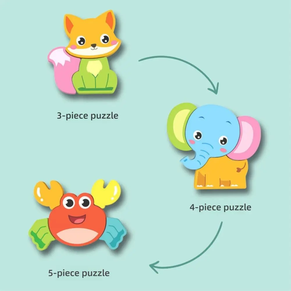 Multicolor Wooden 3D Puzzle Cartoon Animal Fruits Dinosaur Early Education Puzzle Hand-eye Coordination English Learning Puzzle