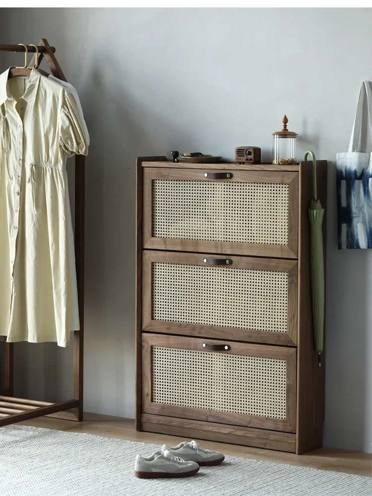 

Full solid wood ultra-thin flip bucket shoe cabinet, black walnut rattan woven breathable shoe rack, small unit type