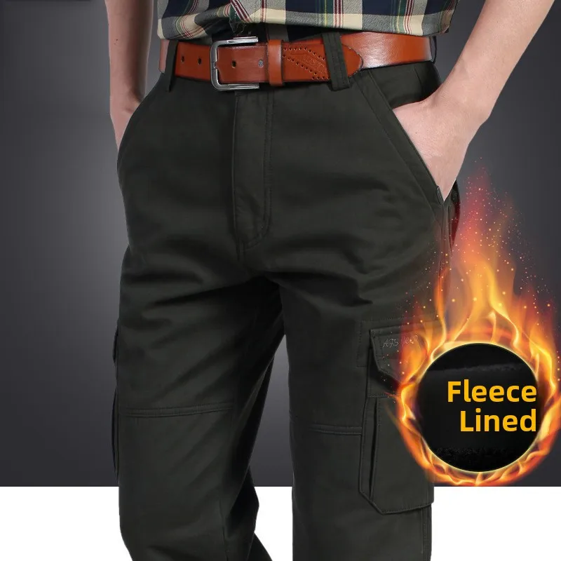 

Мужские утепленные флисом брюки для активного отдыха, повседневные, больших размеров, с множеством карманов, осенне-зимние, теплые, рабочие, с воротником, CleanFit Sle