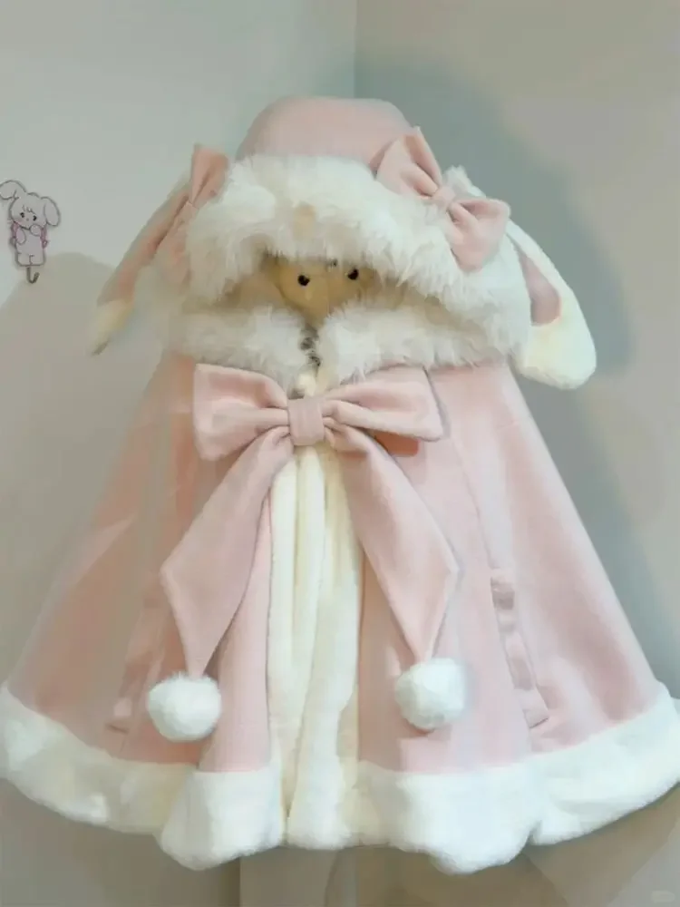 Coalfell Winter New Gentle, Sweet and Cute Rabbit Ear Woolen Cloak, Loose and Age Reducing Bow Hooded Jacket