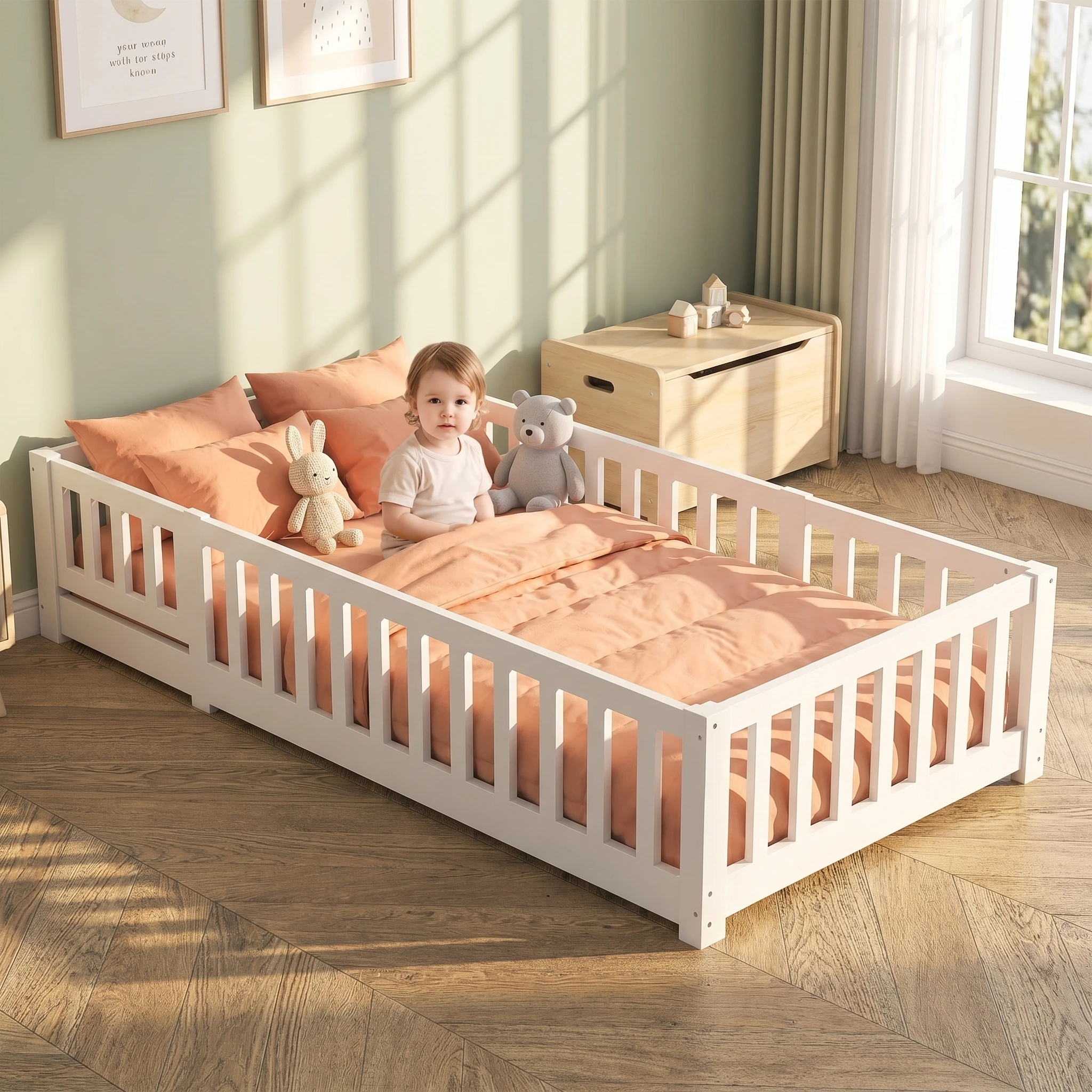 Lit simple pour enfants Anajqaqia avec barrière de sécurité et sommier à lattes, lit au sol, protection contre les chutes, pin massif, 90x200cm
