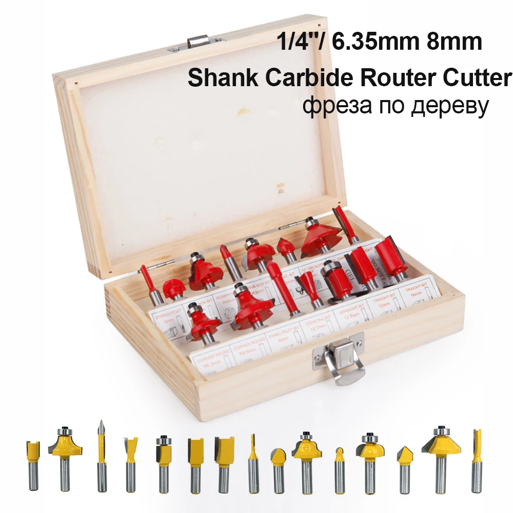 15pc / Set Woodworking Wood Milling Cutter Bits 1/4\'\' 6.35mm 8mm Shank Carbide Router Cutter For Wood Router Milling Engraving