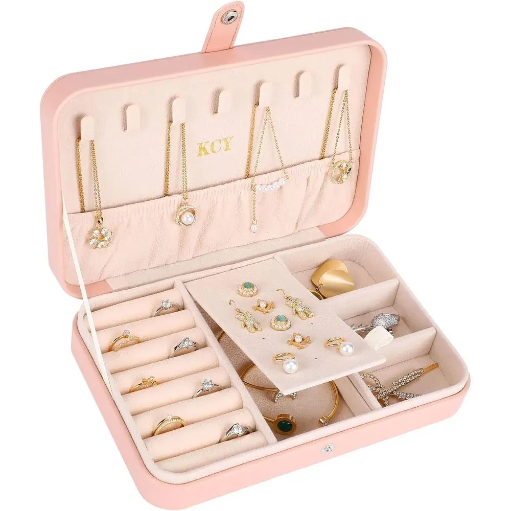 

Компактный кожаный органайзер для ювелирных изделий для женщин и девочек, портативный дорожный футляр для колец, серег, ожерелий и браслетов, розовый, I