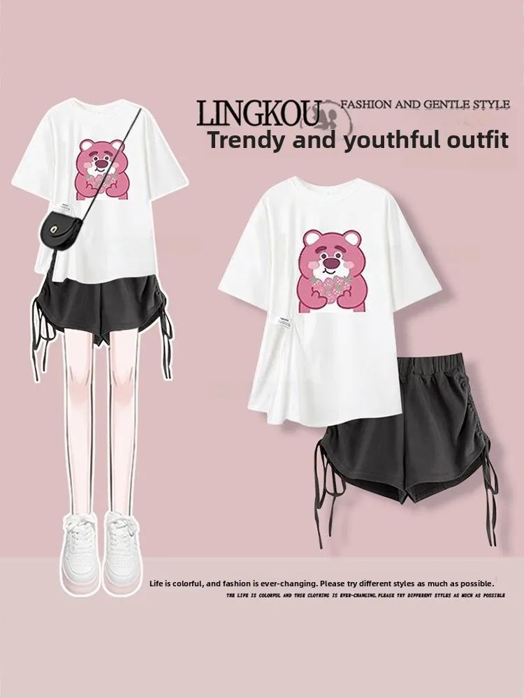 

Летний повседневный комплект больших размеров: женская мягкая плюшевая футболка с клубничным мишкой и винтажные шорты с завязками на талии, комплект из двух предметов