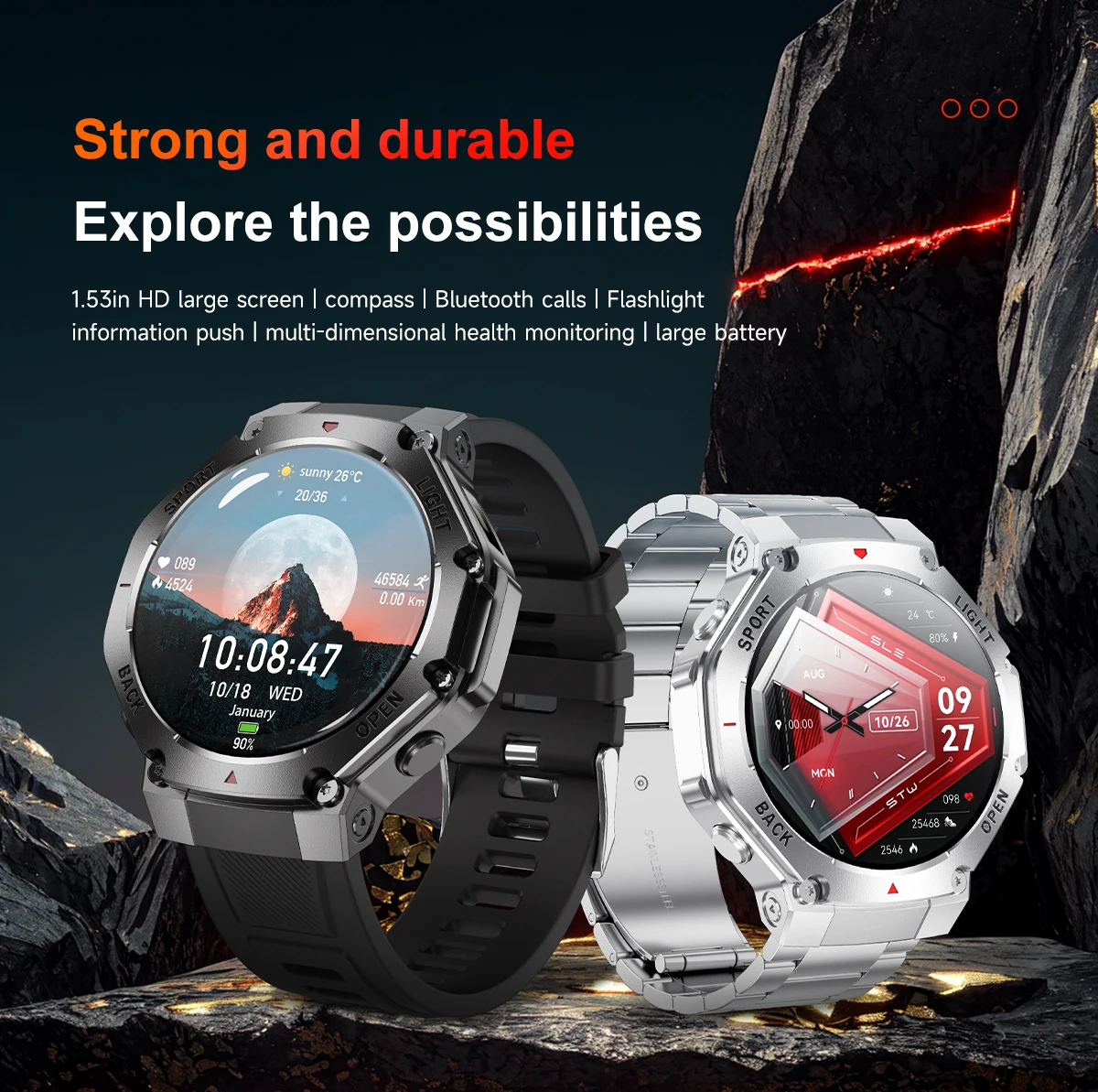 YTOM TR3 MAX RDFIT SmartWatch Flashlight Function l1.53inch HD screen Compass SOS Altimeter BT Call Smart Watch For Men Women