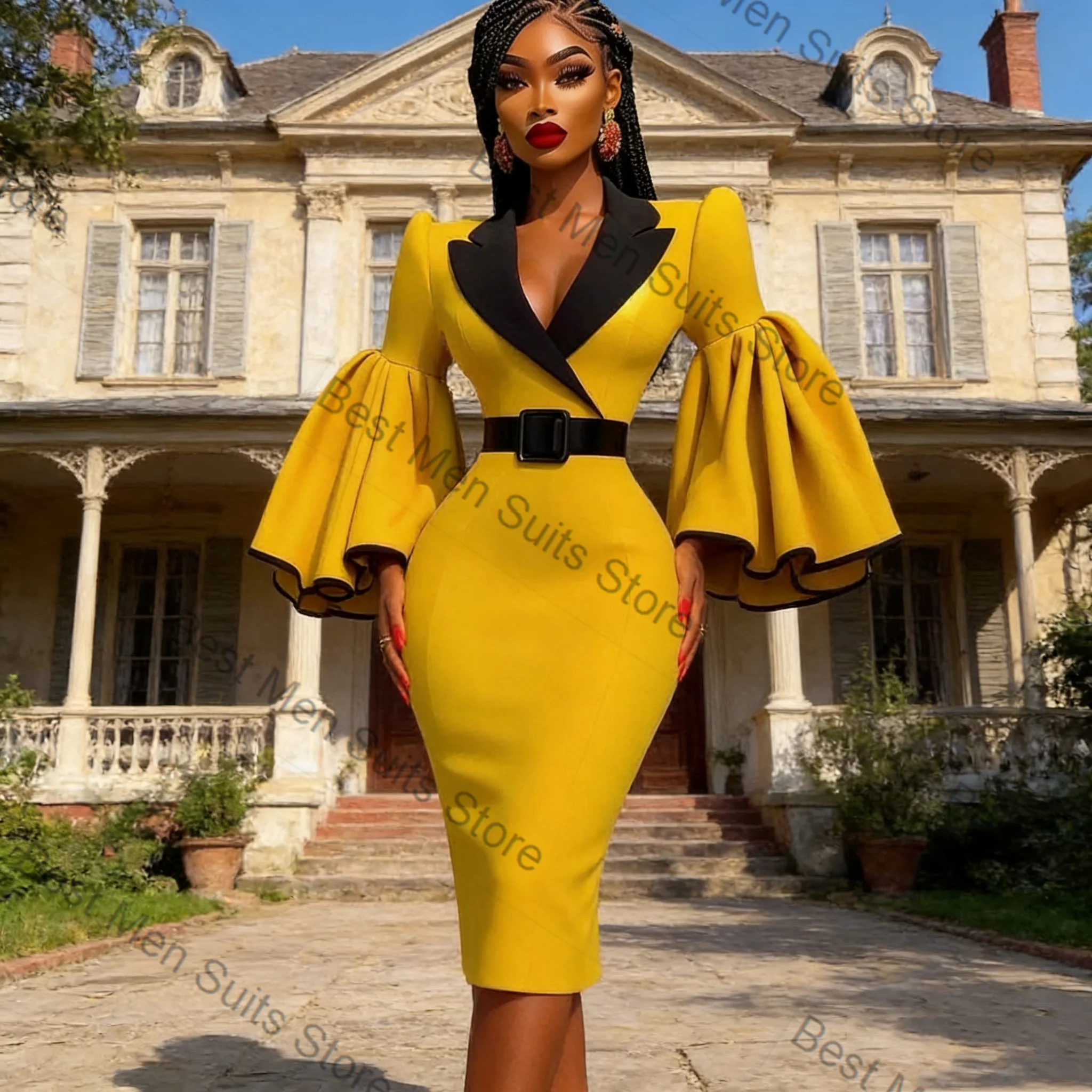 

Yellow Black Women Suit Skirt 1Pcs Blazer Prom Dress Belted Ruffles Formal Office Jacket Customized Wedding Tuxedo Guest Coat