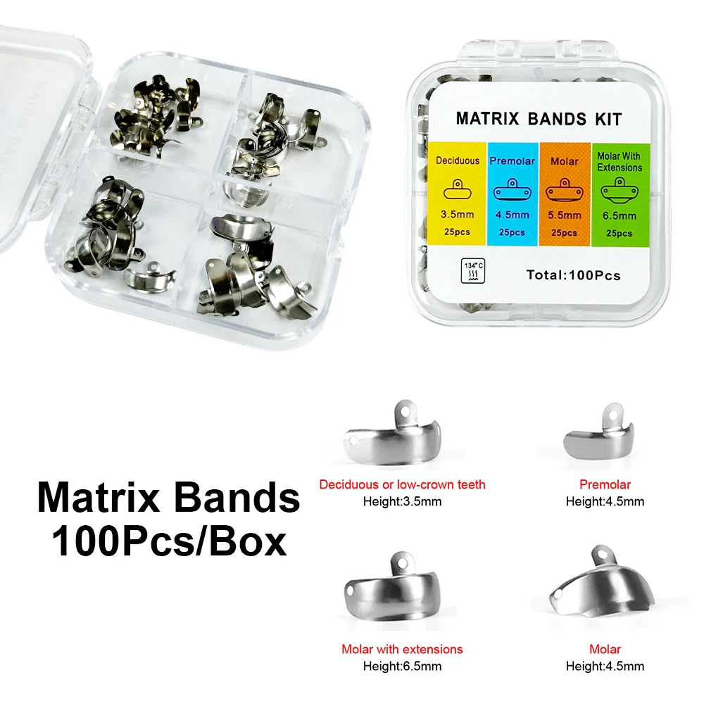 

100 шт./кор. новые стоматологические матричные ленты, секционная контурная матричная система с отверстиями, металлические матрицы, стоматологические матричные ленты, комплект инструментов