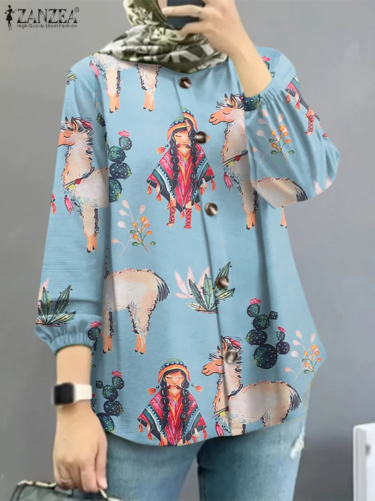 

ZANZEA Muslim Fashion Women Eid Tops Hijab O-Neck Long Sleeve Printed Islamic Chemises Femme Button Up Elegant Casual Shirts