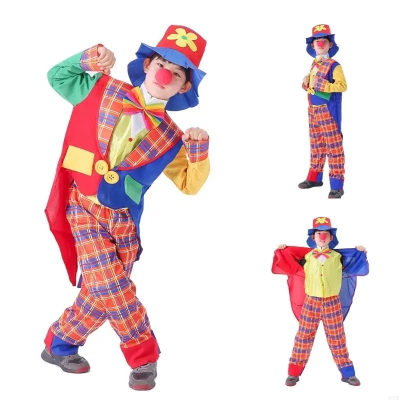 Disfraz payaso Halloween B95F con abrigo, pantalones, zapatos payaso, sombrero payaso