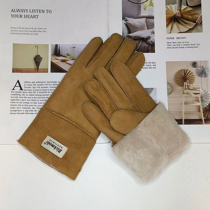 New winter women\'s sheepskin fur gloves Thickened warm wool lining windproof leather driving gloves