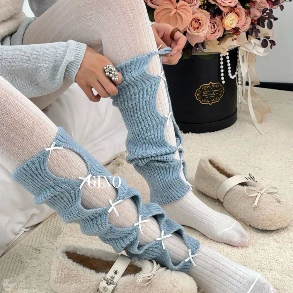 

Winter Korean Girls Bowknot Knitted Sock Sleeves Sweet Girls Japanese Ballet Style Stacked Socks Cute Lolita JK Skirt Leggings