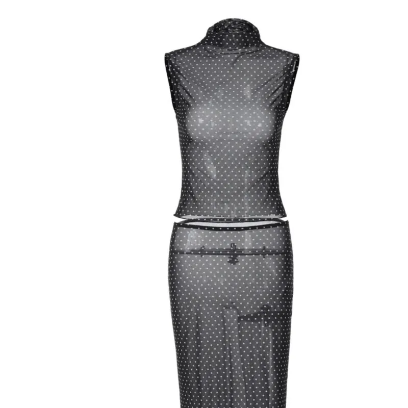 Stile semplice Nuovo in set coordinati Set vintage da 2 pezzi per donna Completi a due pezzi Temperamento francese Slim a pois senza maniche