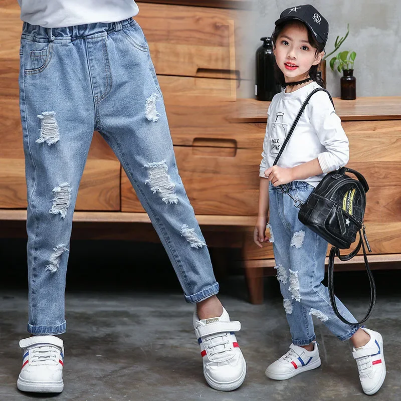 

Fashion Kids Hole Pants Casual Boy Girls Jeans 3-12 Year Kid Clothes Spring Autumn Teenager Ripped Denim Pants Children Trousers