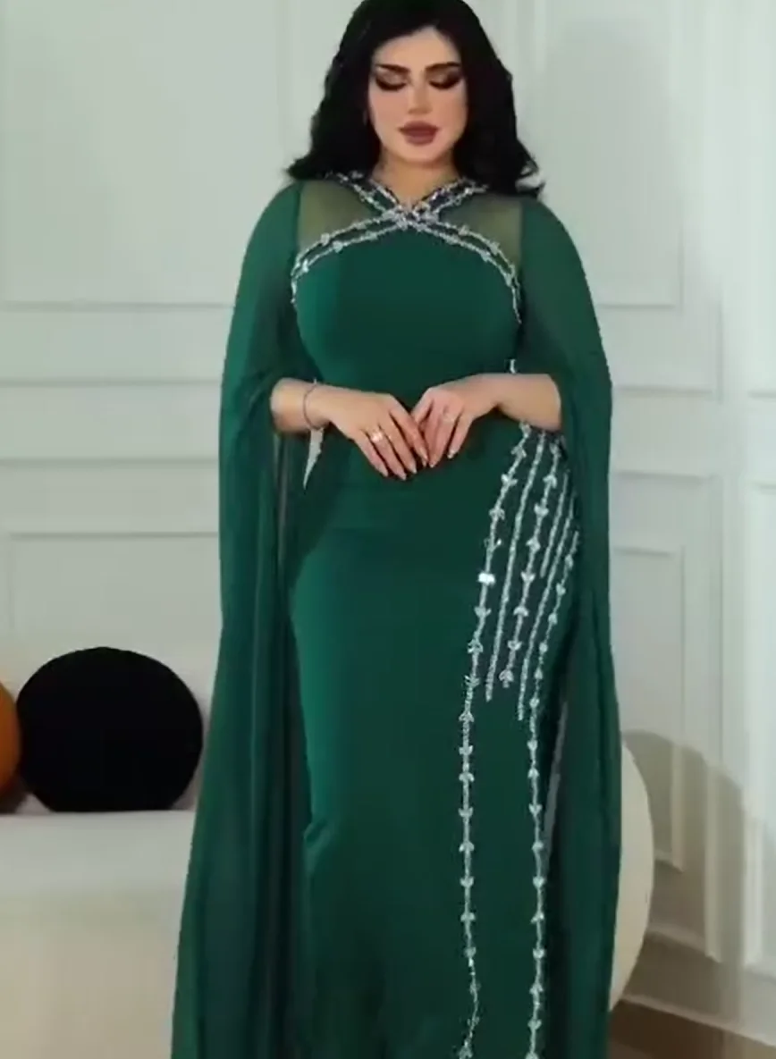 

Green Chiffon Sheath Crystal Prom Dresses Long for Arabic Women 2025 Long Sleeve Beading Formal Evening Gowns Customized