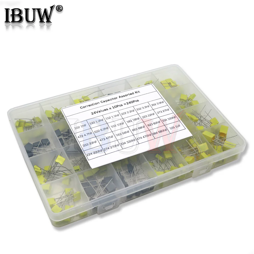 240Pcs Correction Capacitor Assorted Kit 24Values x 10Pcs 63V-100V 102J-105J Polypropylene Safety Plastic Film Capacitors