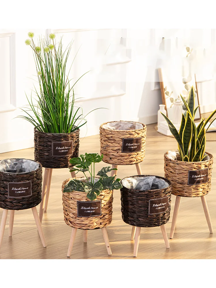 With Removable Legs Plant Stand Basket Garden Home Decor Nordic Flower Shelf Imitation Rattan Flower Pot Woven Flower Basket