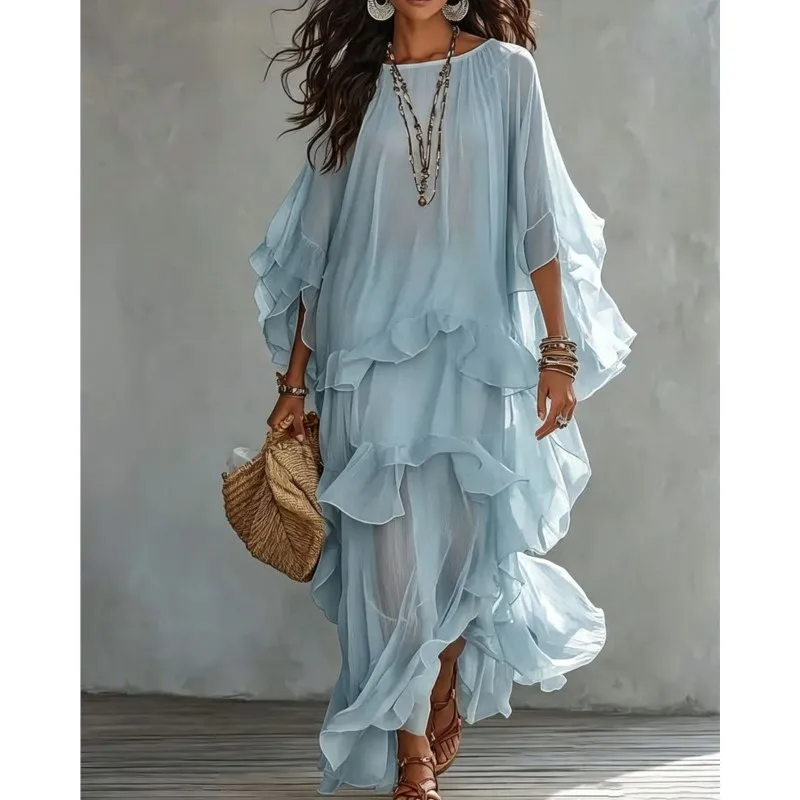 Women's Oversized Dress Spring Autumn Simple Solid Ruffle Edge Splicing Design Dresses Ladies Fashion O-neck Vacation Vestidos