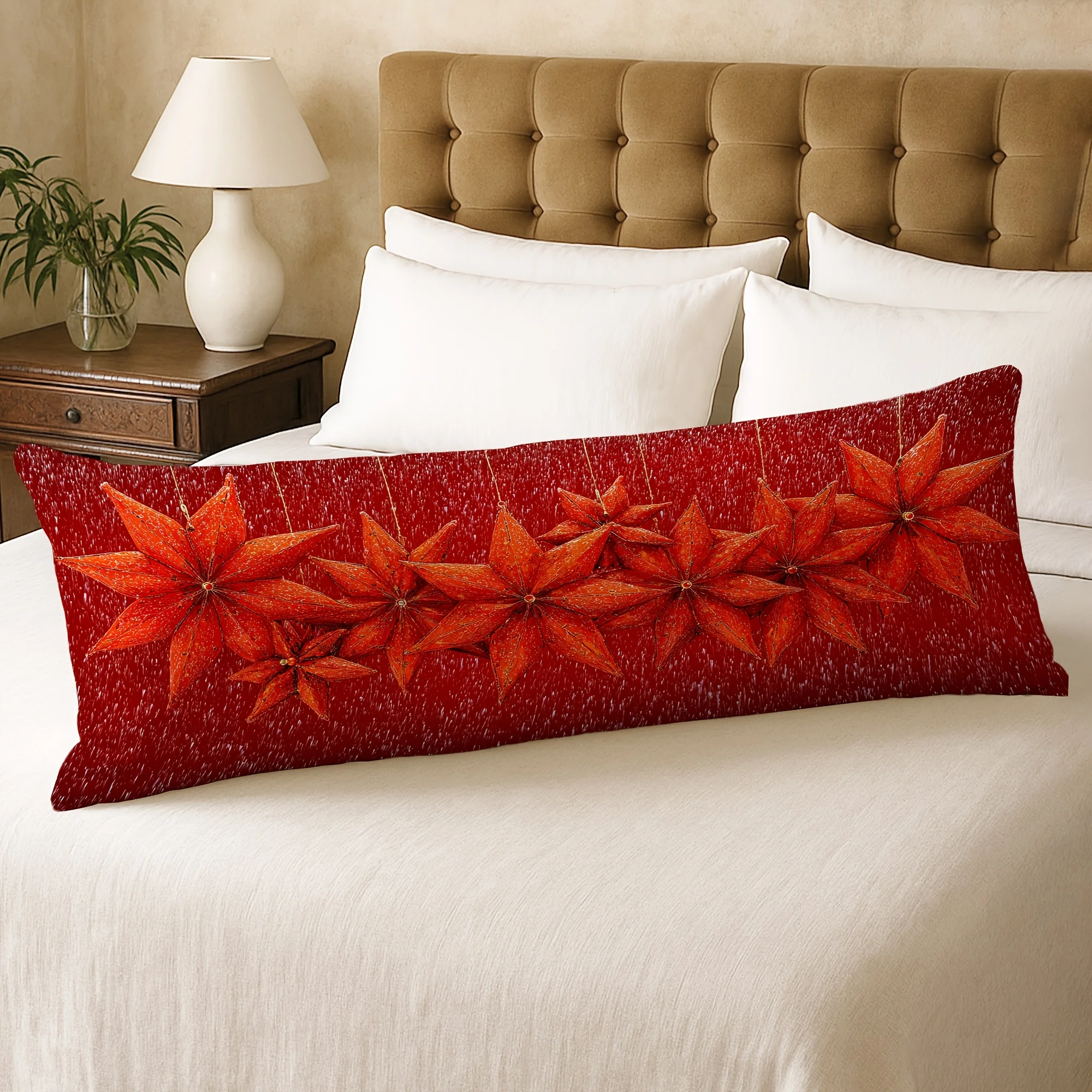 1pc Body Pillow Cover Christmas Decoration Vintage Exquisite Snowflakes Floral Red 20*54 Inches Suitable for Living Room Bedroom