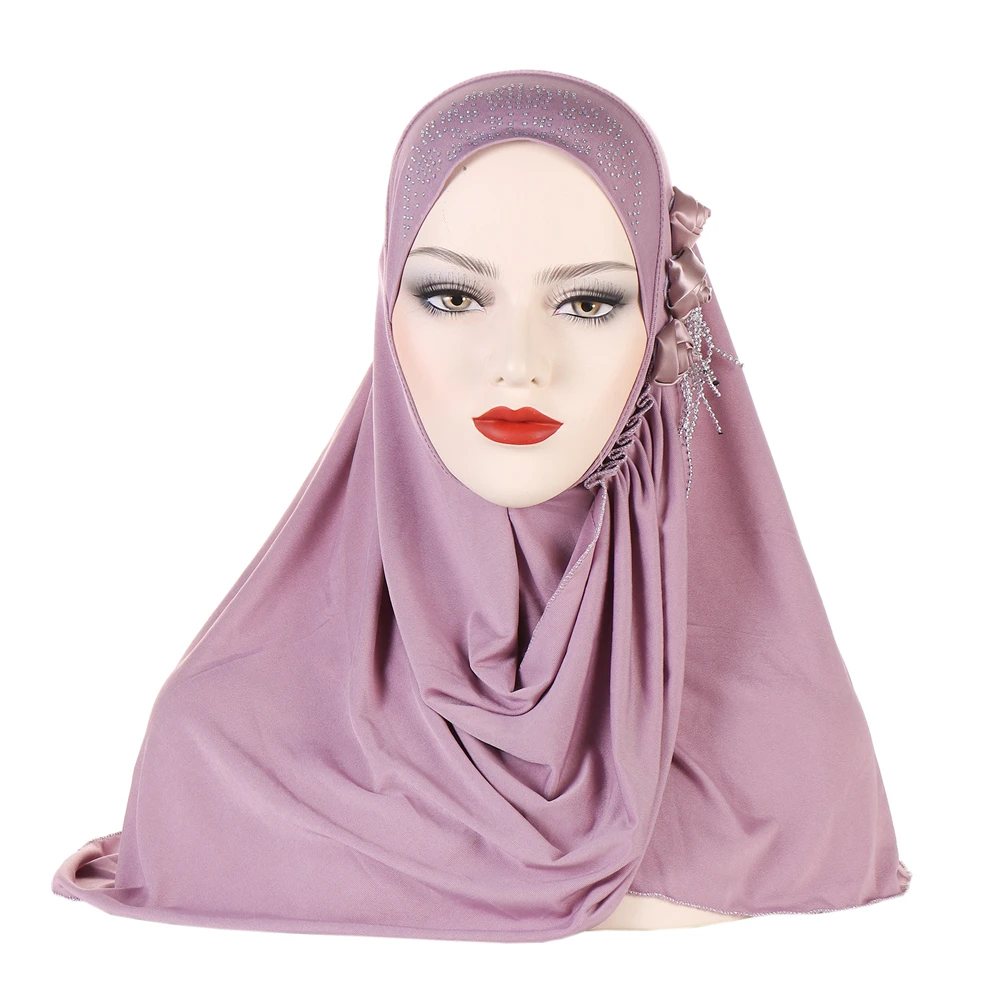 Islamic Flowers Tassel Solid Color Hijab One Piece Amira Pull On Women's Scarf Muslim Headband Hijab Instant Shawl Turkey Scarf