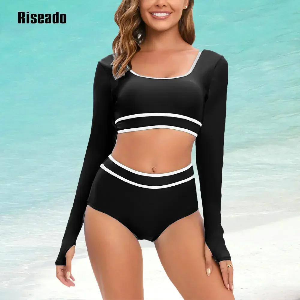 Riseado Bikini Set Womens Sexy High Waist Rash Guard Swimwear Long Sleeve 2 Pcs Classical Swimsuit