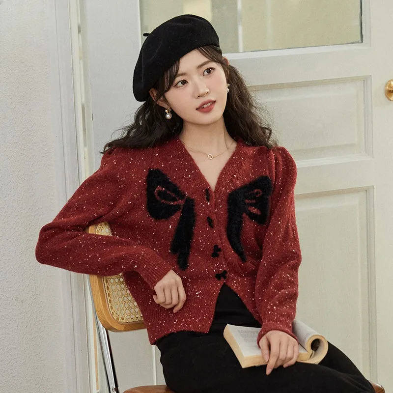 2024 New Female Red Bow Sweater French Style V-neck Design Women Knitwear Spring Sweet Loose Casual All-Matching Short Tops