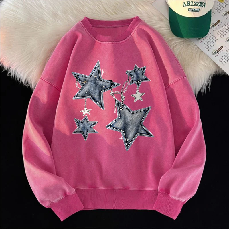 Star And Chain Washed Sweatshirts Women Simple Pentagram Prints Hoodies Oversized Crewneck Cotton Tops Vintage Woman Pullover