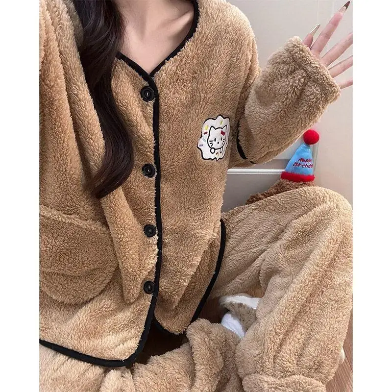 Sanrio quente e wearable casa terno conjunto olá kitty pijamas feminino outono inverno engrossado coral velo dos desenhos animados kt gato flanela