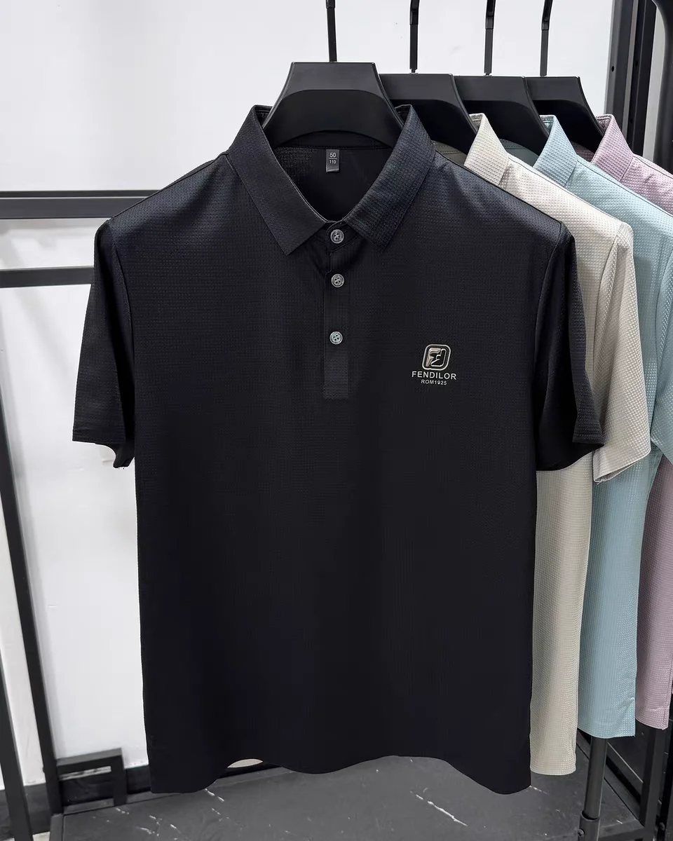 

High end ice silk men's short sleeve polo shirt fashionable brand embossed lightweight breathable summer new style lapel T-shirt