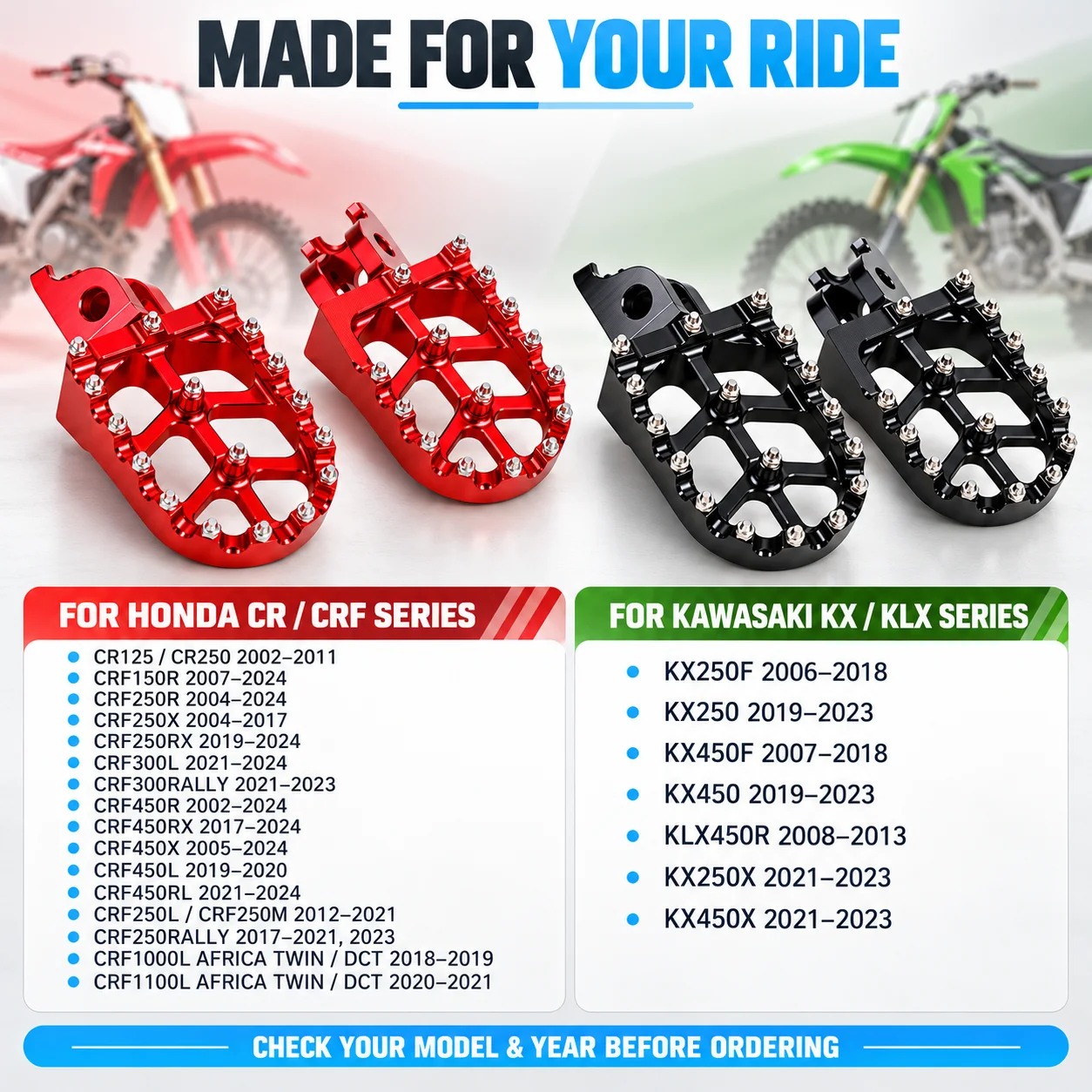 CNC Foot Pegs Footrests For Honda CRF250R CRF450R CRF300L CRF1000L CRF1100L CRF250L Africa Twin For Kawasaki KX250F KX450F