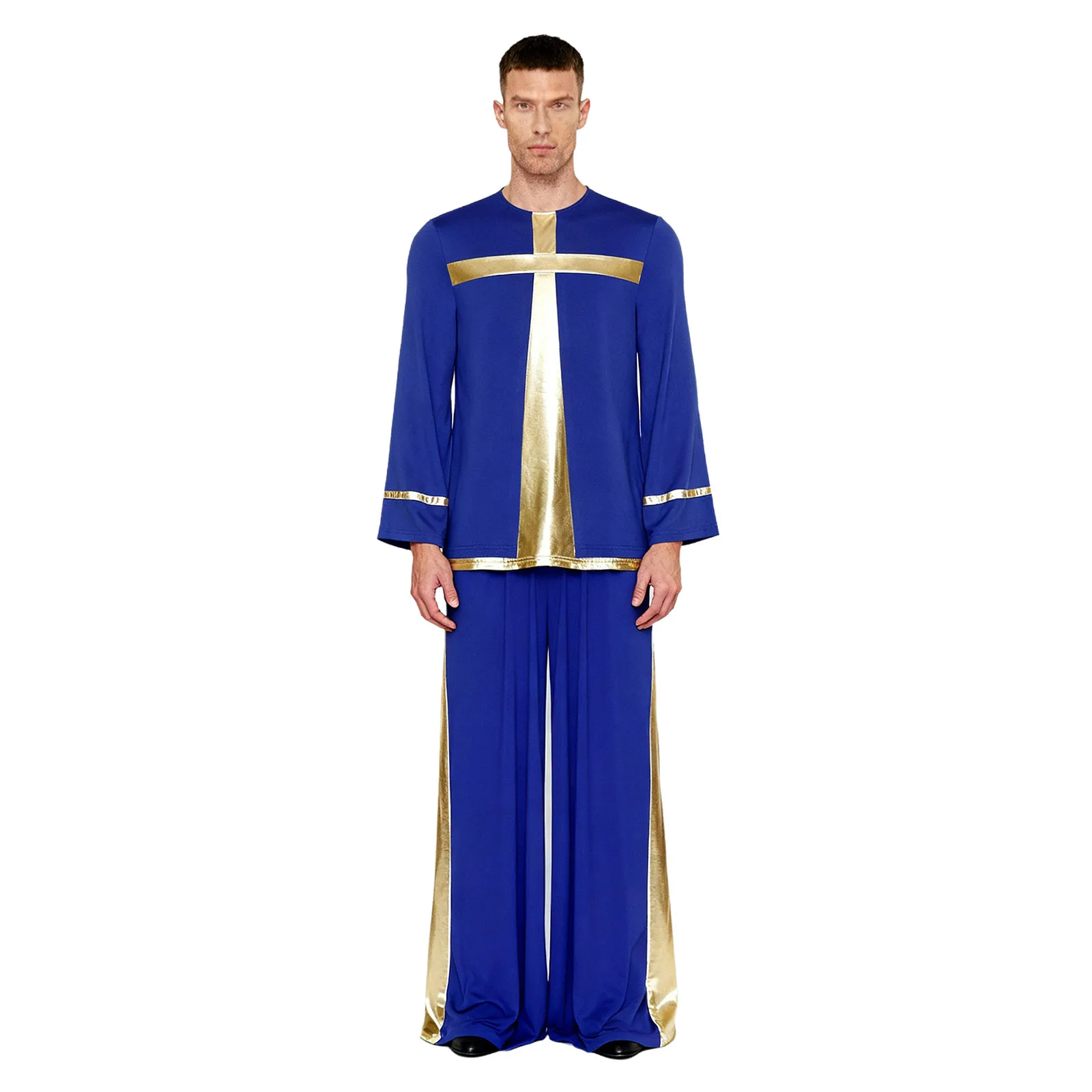 

2Pcs Mens Liturgical Praise Worship Dance Outfit Long Sleeve Pullover Tunic Shirt+Wide Leg Pants for Church Choir Performance