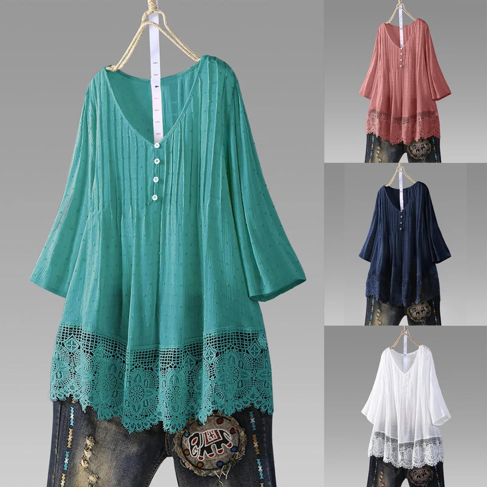 

Lace V Neck Plus Size Top 2024 Summer Casual Blouses Vintage Three Quarter Shirt Tops Blusas De Verano Para Mujer Chemise