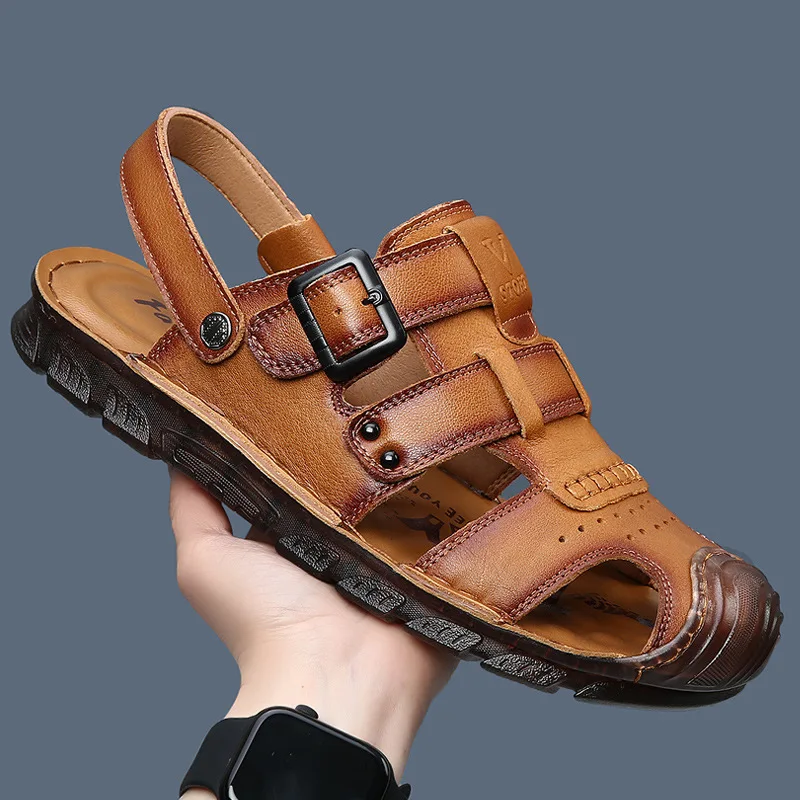 

Sandals Summer Men's 2025 Genuine Leather Baotou Sandals Men's Dual Use Non slip Beach Shoes Men's Trendy Cow Muscle Bottom