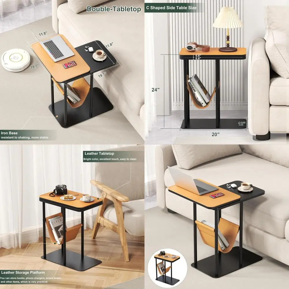 

Walnut Slim C-Shaped Side Table with Metal Base for Sofa, Couch, and Bedside Use