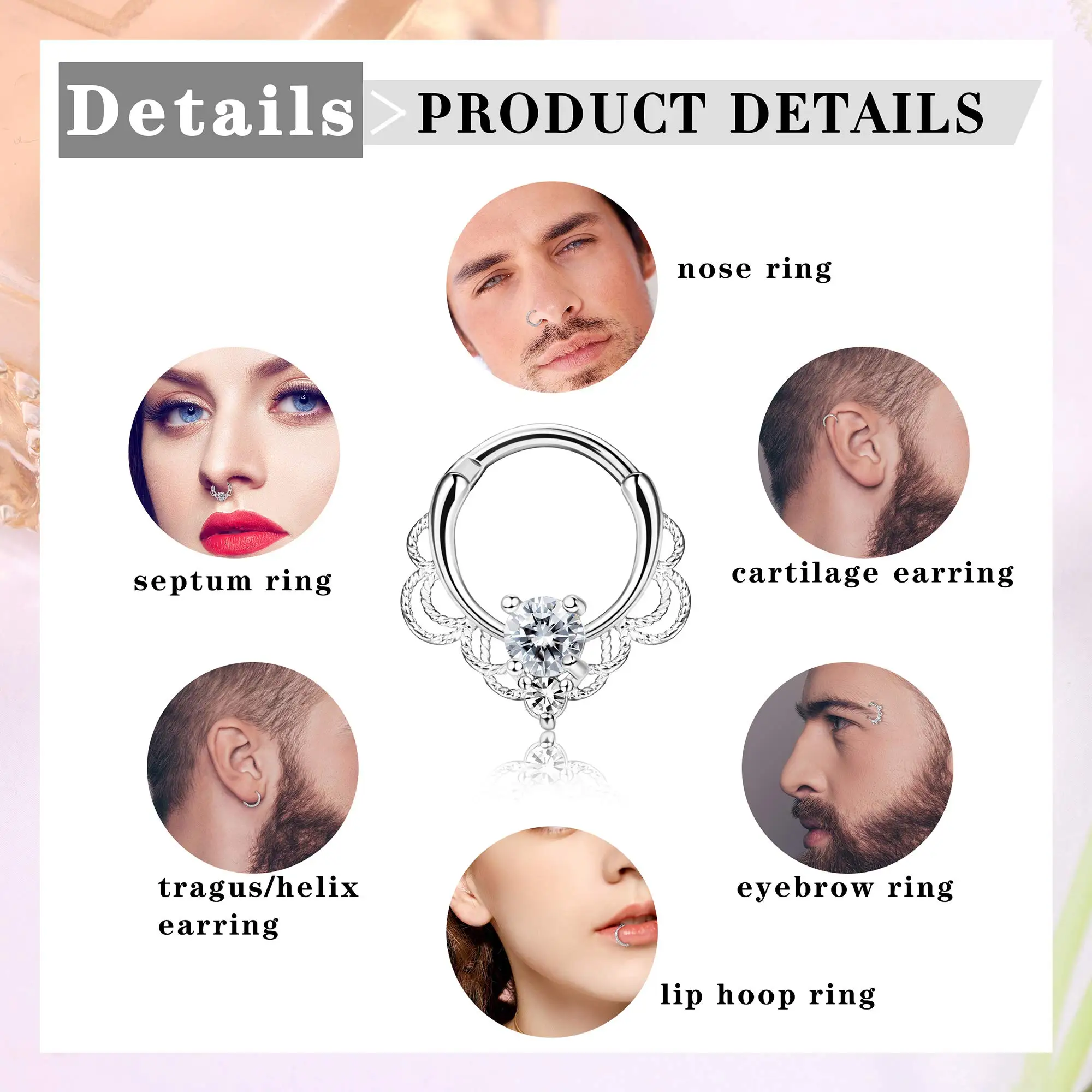 Drperfect-anillo Clicker de tabique de 16G, acero inoxidable, CZ, Ópalo, cartílago, hélice, Tragus, Daith, pendiente, anillos de nariz, Piercing de aro, joyería