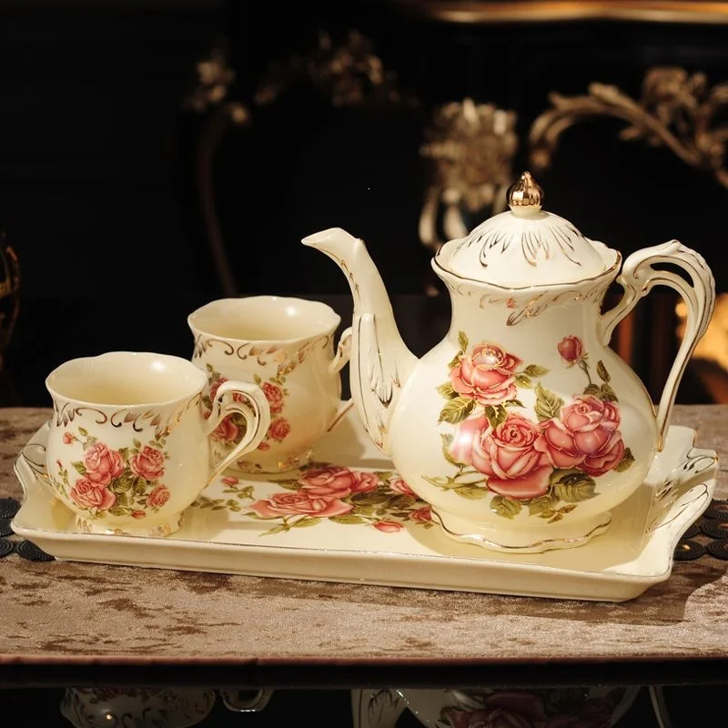 10Pcs Golden-Edge Rose Ceramic Tea Set, Teapot 4 Cups 4 Spoons Serving Tray, Vintage Floral Coffee Tea Set for Home Gatherings