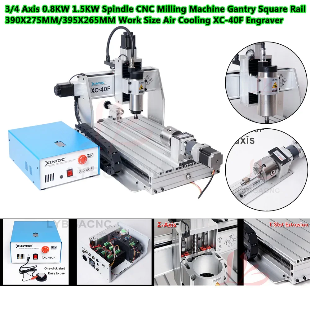 3040 1.5KW Milling Machine 3/4 Axis Square Rail Engraving Cutting for Wood Metal Air Cooling Engraver XC-40F Cutter Carving Tool