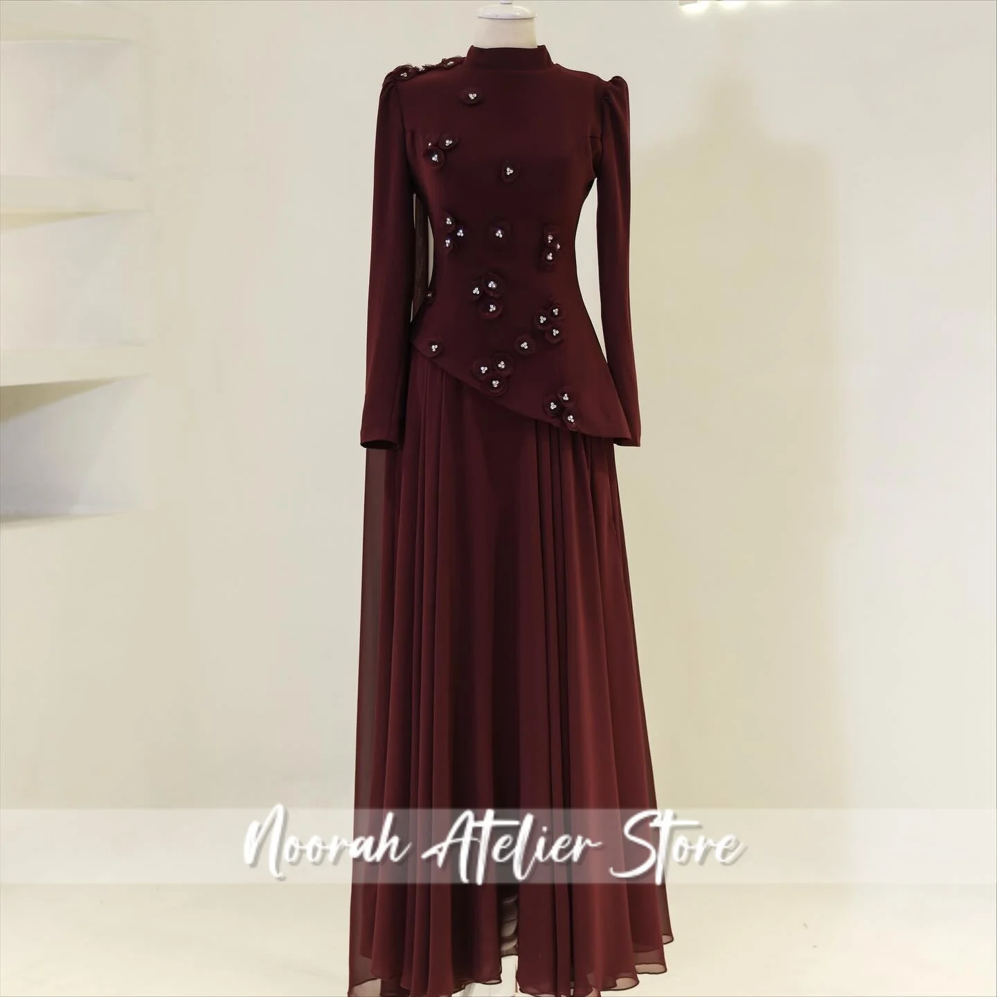 New 3D Flower Bead Elegant Muslim Women's Evening Dress 2025 Dubai Long Sleeves Celebrity Dress Crepe Gown Vestidos Customized