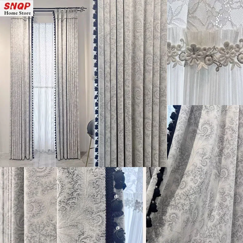 

French High-end Off-white Unique Pattern Design Chenille Fabric Custom Size Curtains for Living Dining Room Bedroom White Tulle