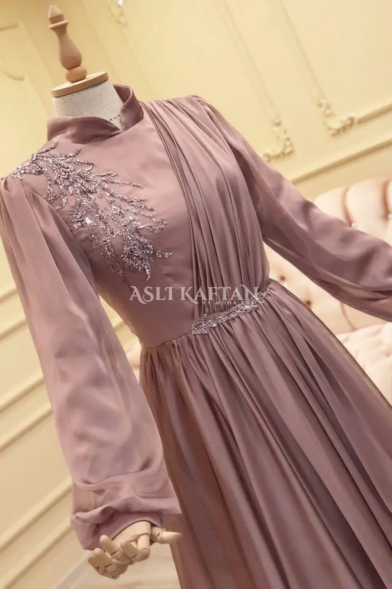 Moroccan Kaftan Muslim Evening Dresses A-line Long Sleeves Chiffon Appliques Beaded Dubai Arabic Turkey Abaya Islamic Gown