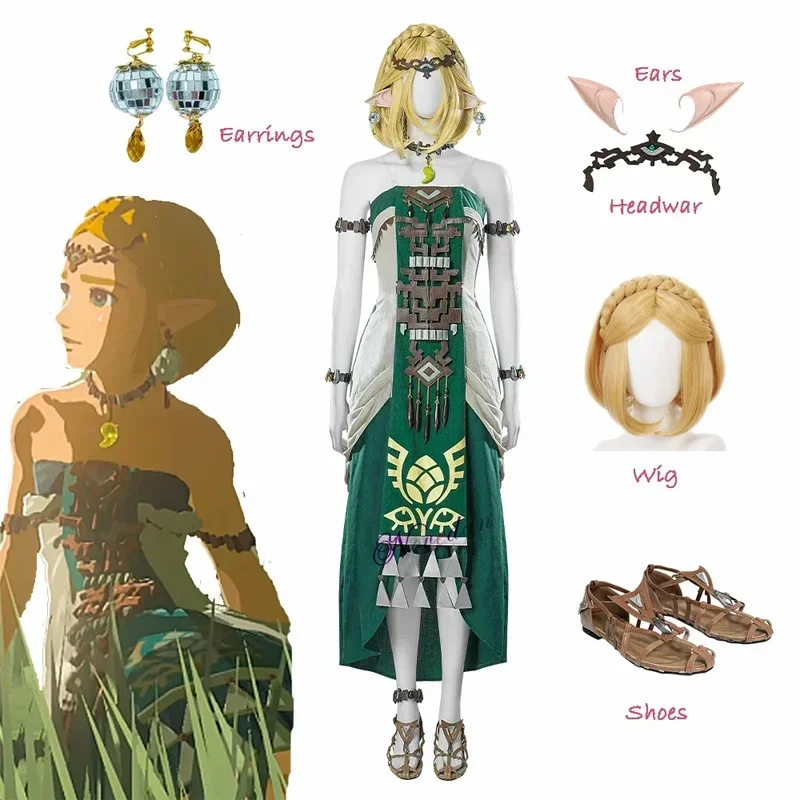 The Legend Tears of The Kingdom vestido de Cosplay de princesa Zelda, pendientes elegantes, collar, peluca, zapatos, utilería, disfraz de Halloween para mujer