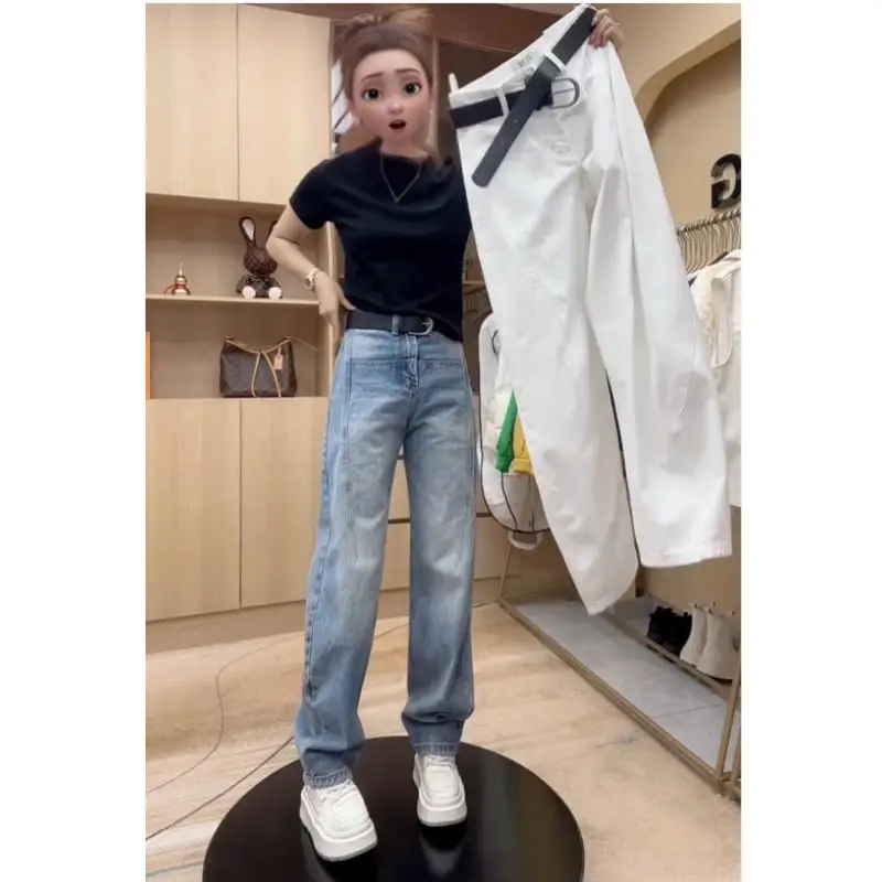 Cintura alta emagrecimento denim jeans feminino primavera 2025 na moda reta ket faca elástica versão estreita mais tamanho