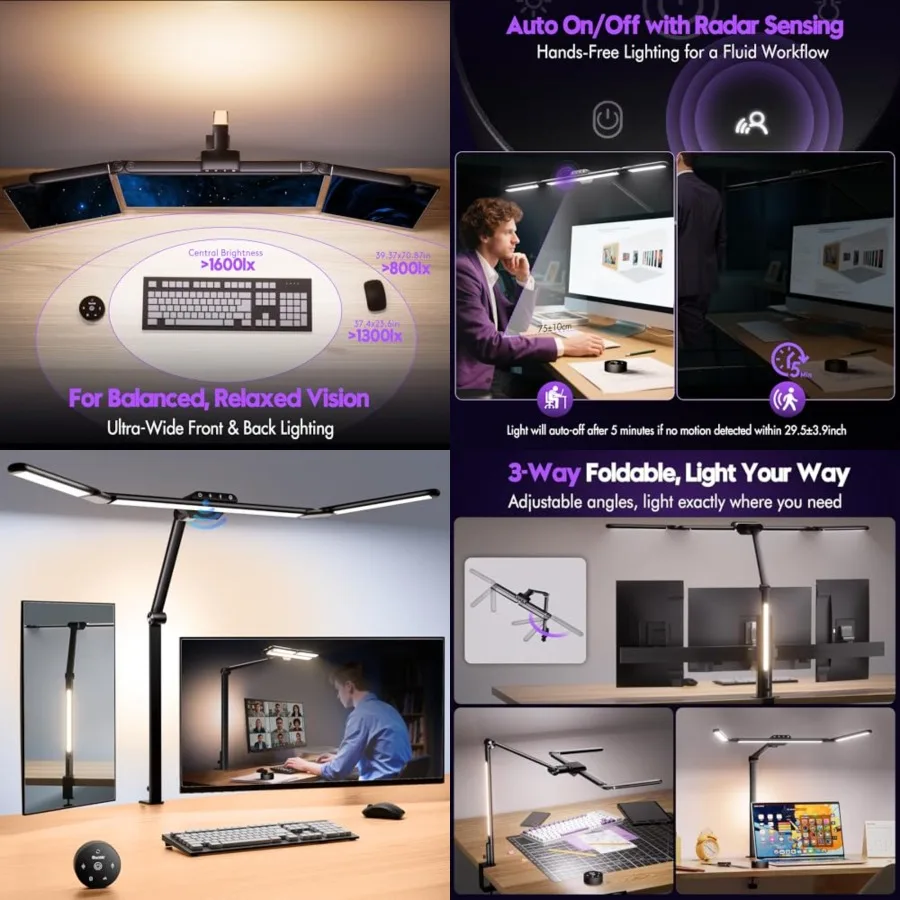 

32.5" Architect Desk Lamps for Office Home Dorm - Eye Care 3 Light Bar 1100LM Bright, Ambient Backlight, Radar Sensor, Remote C