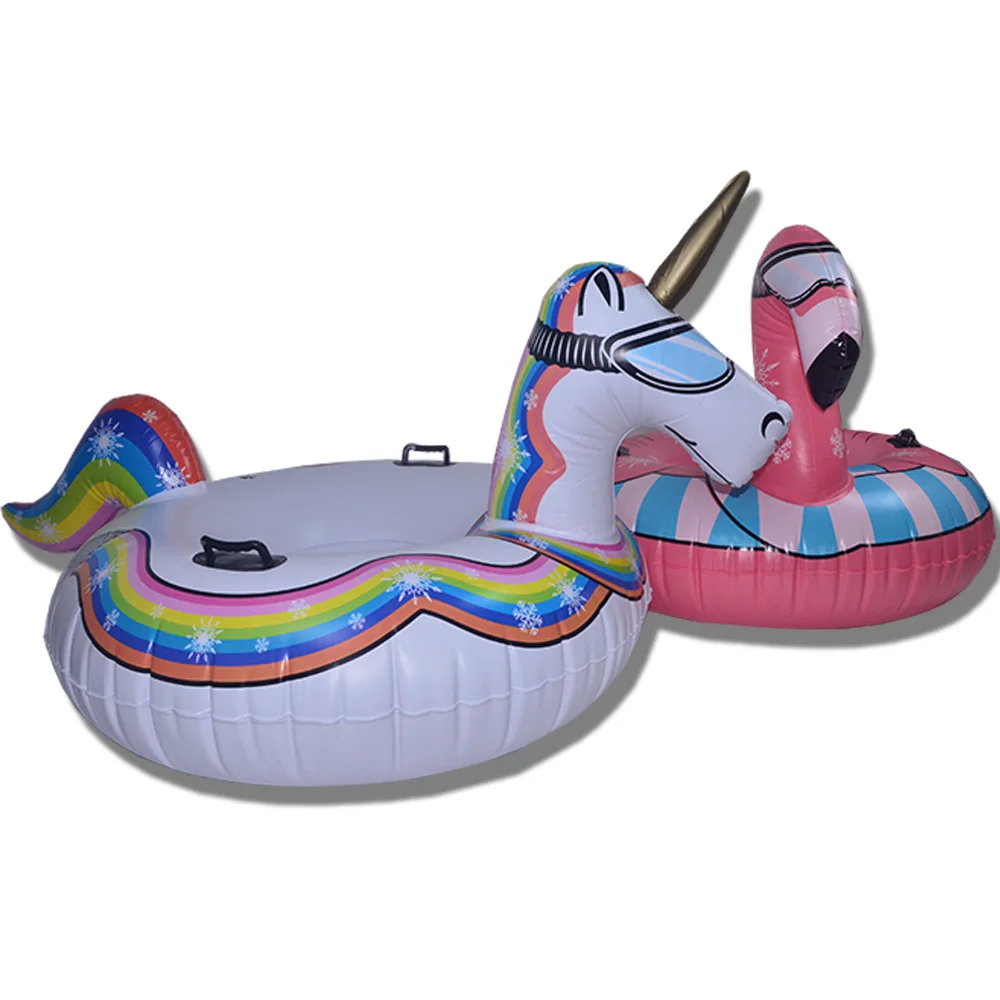 

Winter Rainbow Unicorn Air Boat PVC Inflatable Colorful Snow Tube for Skiing 1