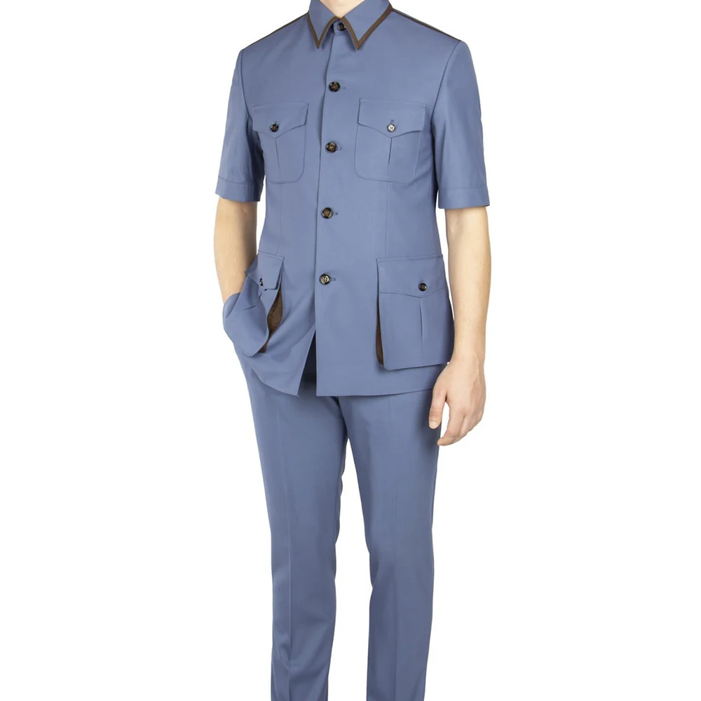 SILIWEYA Fashion Short Sleeve Men's Suits Elegant Stand Lapel Slim Fit 2 Piece Jacket Pants Sets Customzied Male Clothing Blazer