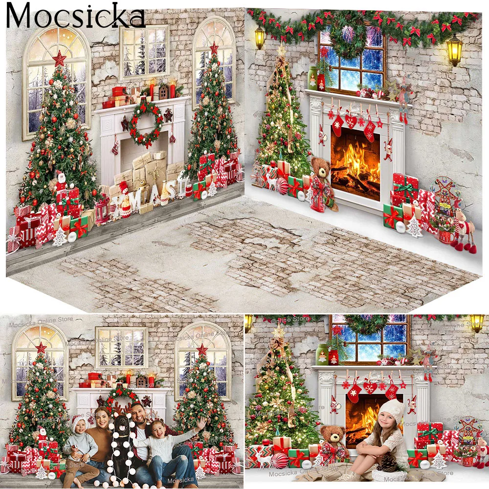 

Red Xmas Room Party Backdrop Decor Winter Window Fireplace Gift Portrait Background Wreath Christmas Tree Vintage Wall Photocall