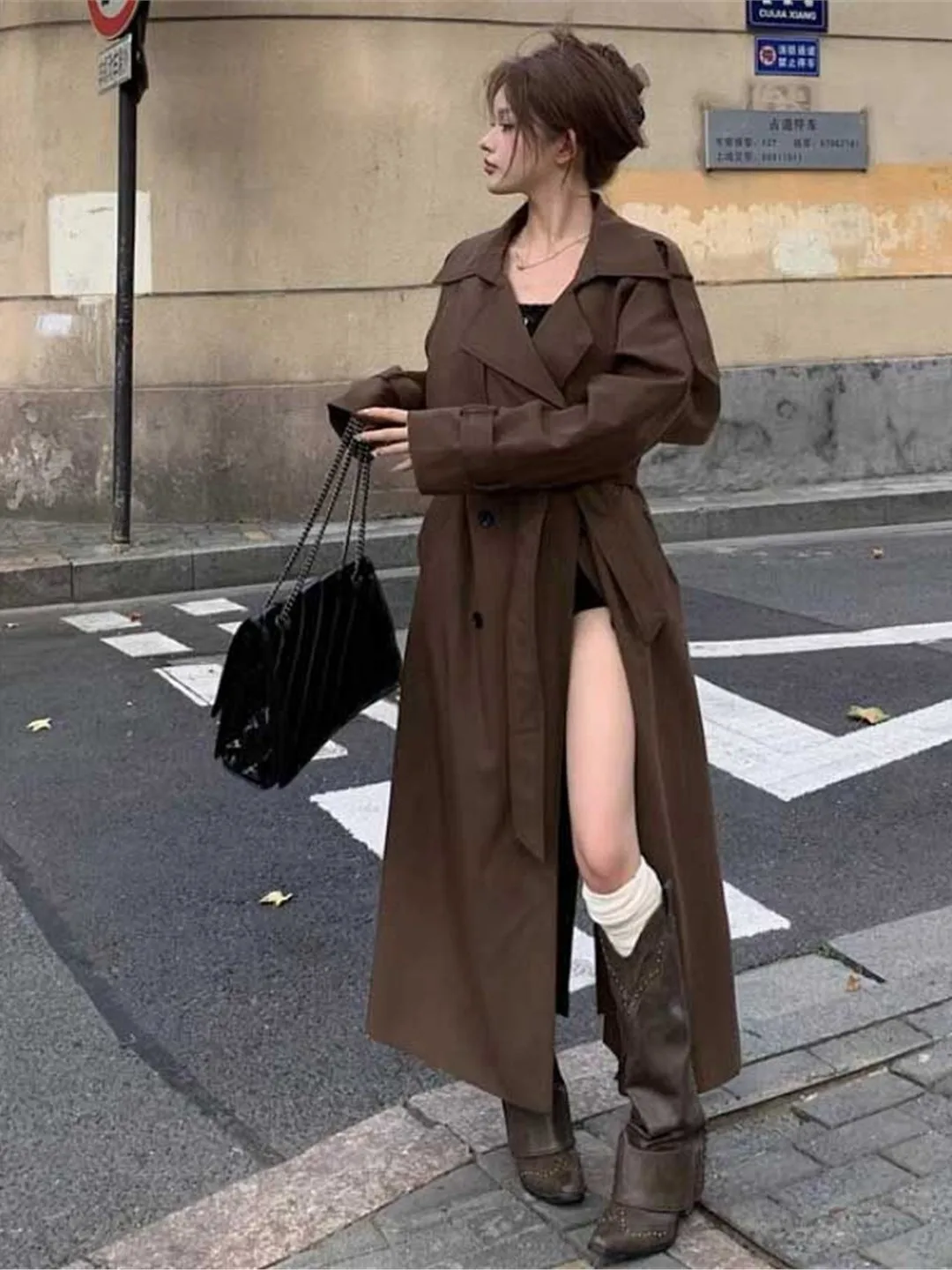 Elegant Casual Style Women's Over-Knee Suit Coat Windbreaker Long Sleeve Button Pocket Detail Korean Version Fashion Outerwear