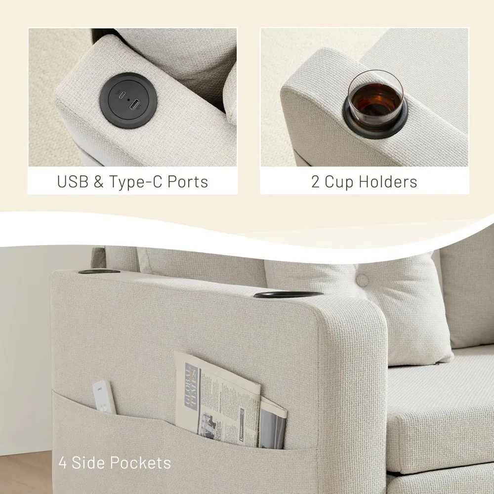 أريكة قابلة للسحب 3 في 1، سرير أريكة قابل للتحويل مقاس 56 بوصة، مقعد مع حاملات أكواب، جيوب تخزين، USB، أرائك أريكة لـ L