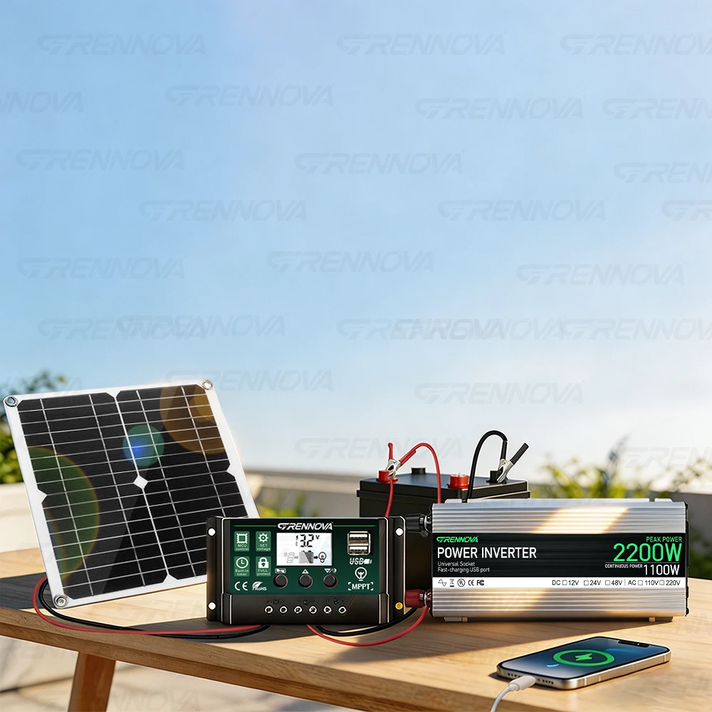 Grennova Solar System Kit with 30W Panel 60A Controller Inverter 2200W Peak (1100W Rated) 12V To 220V 110V for Home Off-Grid RV