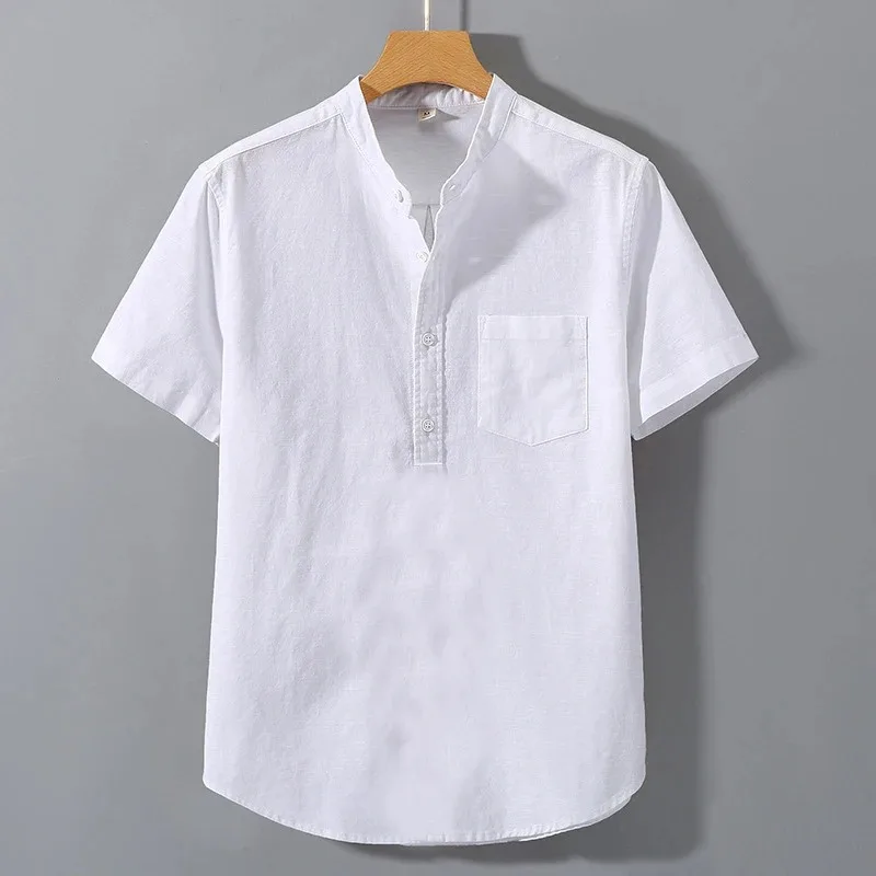 New Mens Short Sleeve T Shirts Solid Color Stand Up Collar Shirt Summer Trendy Breathable Loose Youth Basic Cotton Pocket Top