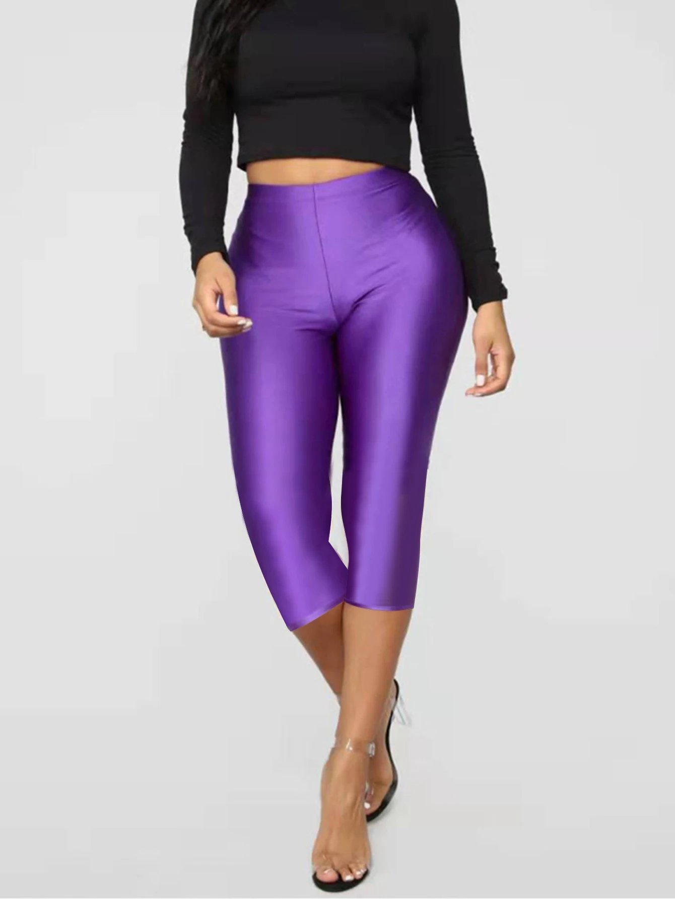 Spring And Summer Sales Thin Cool Breathable Gloss Cropped Pants New High Stretch Color Personality Tight Leggings Women